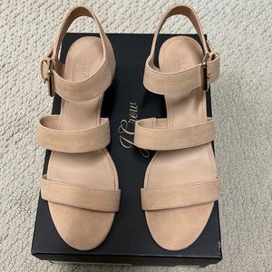 Three-strap stacked-heel sandals in suede